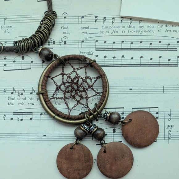 Bohemian Dreamcatcher Necklace in Brown and Silver - Picture 7 of 12